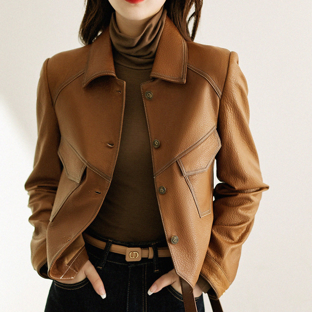 Coat Collar Buckle Leather Women's Short Slim-fitting Biker